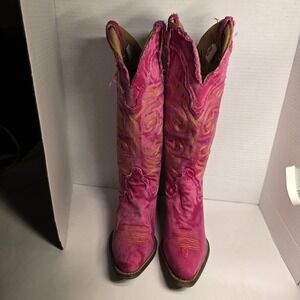 Dingo Pink Denim Embroidered Cowboy Boots Women Size 8M Western Style